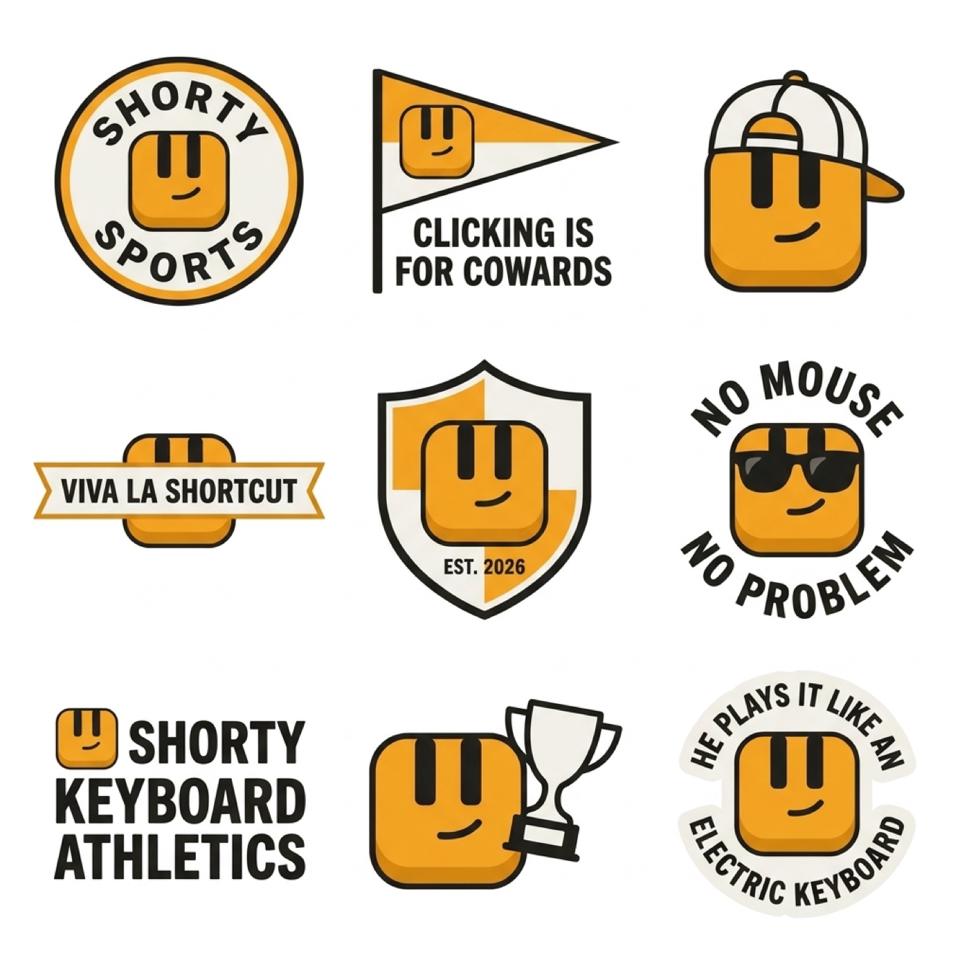 Nine Shorty sticker designs including Clicking Is For Cowards and No Mouse No Problem
